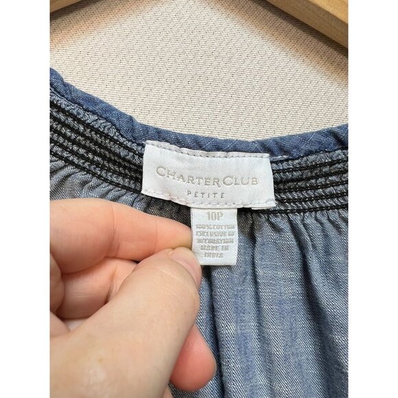 Charter Club Women's Chambray Button Up Shirt Embroidery Size 10P Blue Smocked - Picture 3 of 11